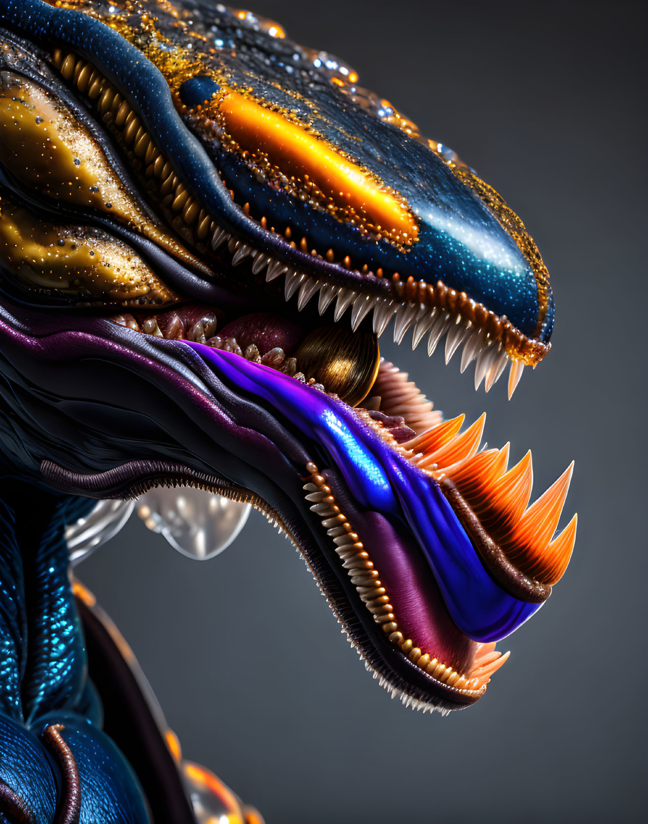 Detailed Digital Art of Fantastical Creature with Sharp Teeth & Colorful Scales