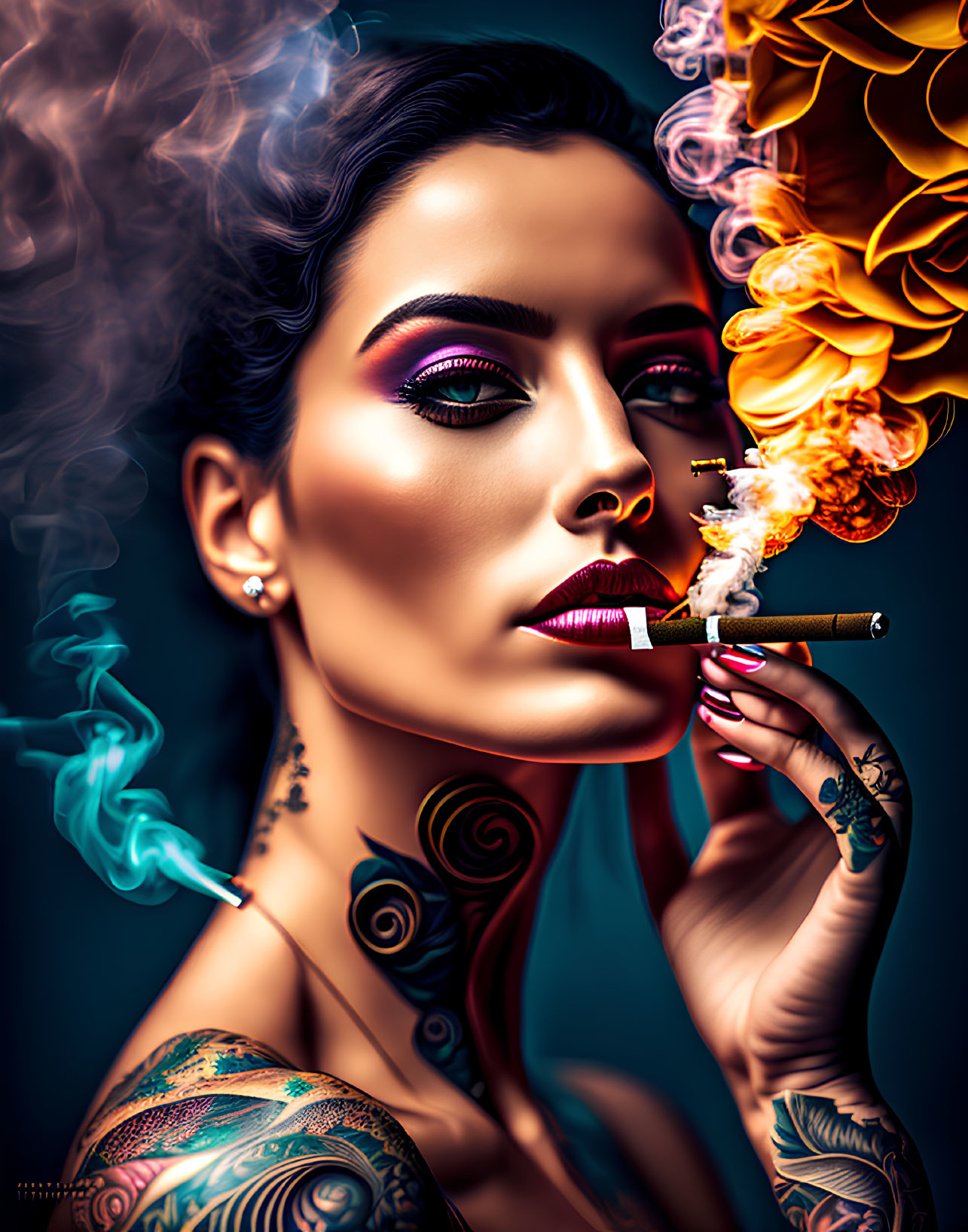 Colorful portrait of tattooed woman with cigar in swirling smoke.