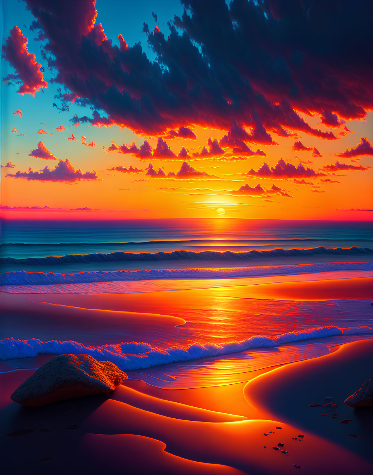 Scenic beach sunset with radiant clouds and tranquil ocean