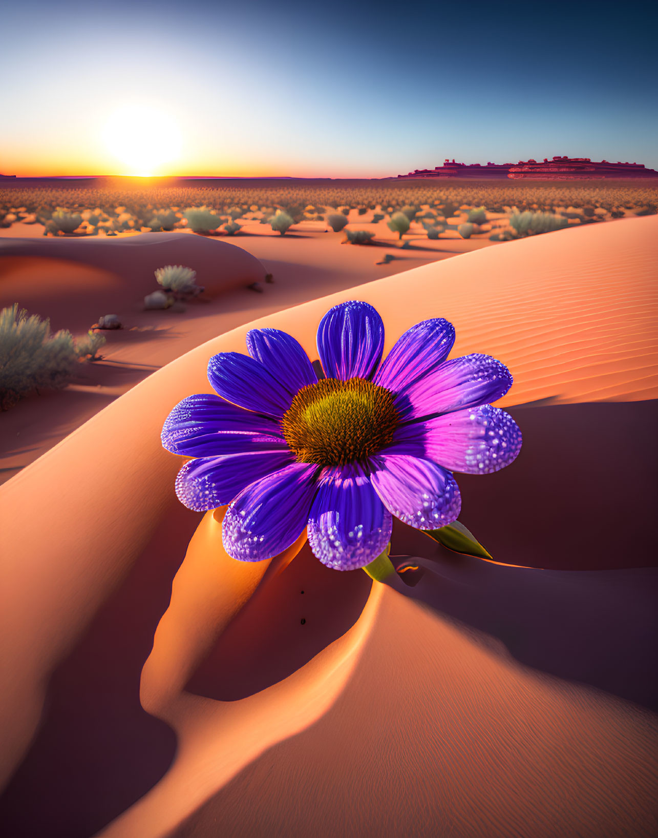 Purple Flower with Water Droplets in Desert Sunset Landscape