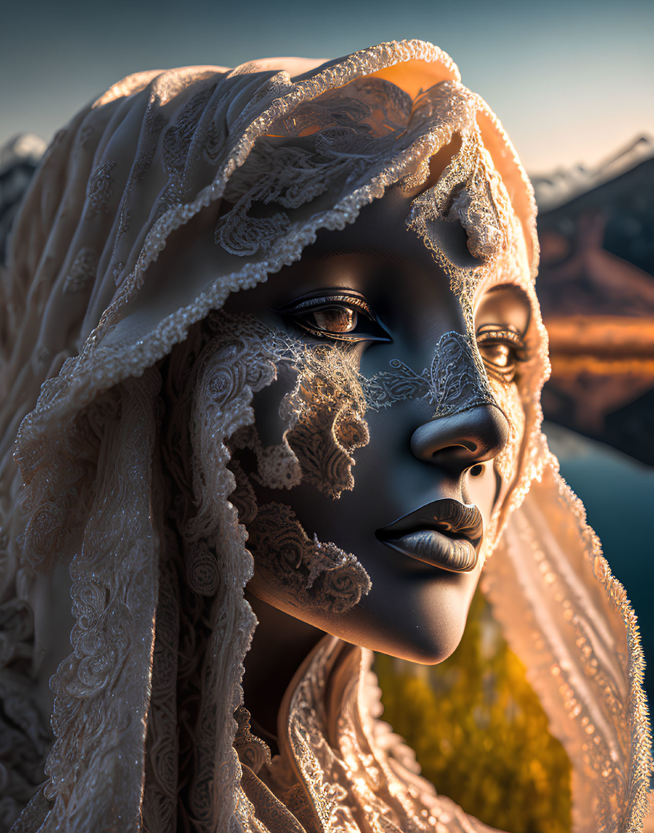 Detailed Lace Veil Close-Up Against Sunset Mountain Landscape