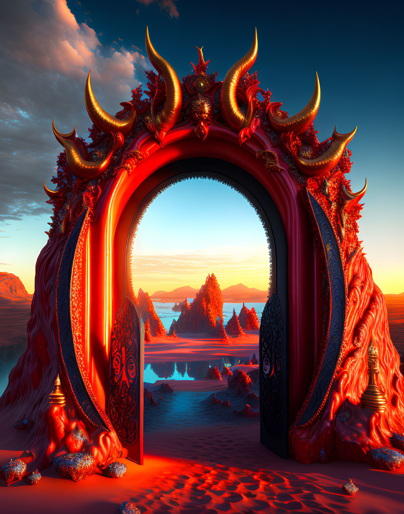 Ornate red and gold archway against serene sunset lake and mountain landscape