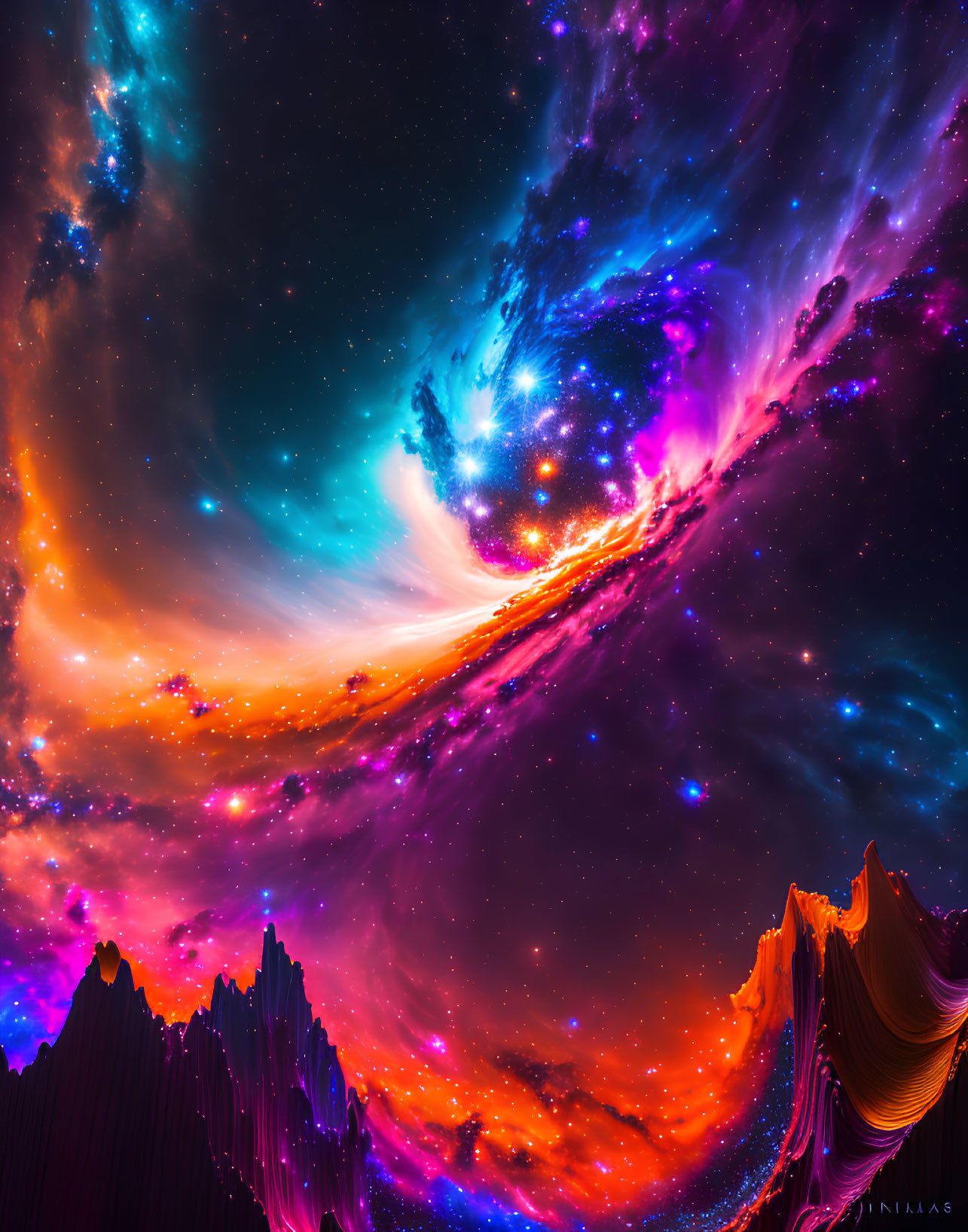 Colorful Cosmic Scene with Swirling Nebulae and Mountains