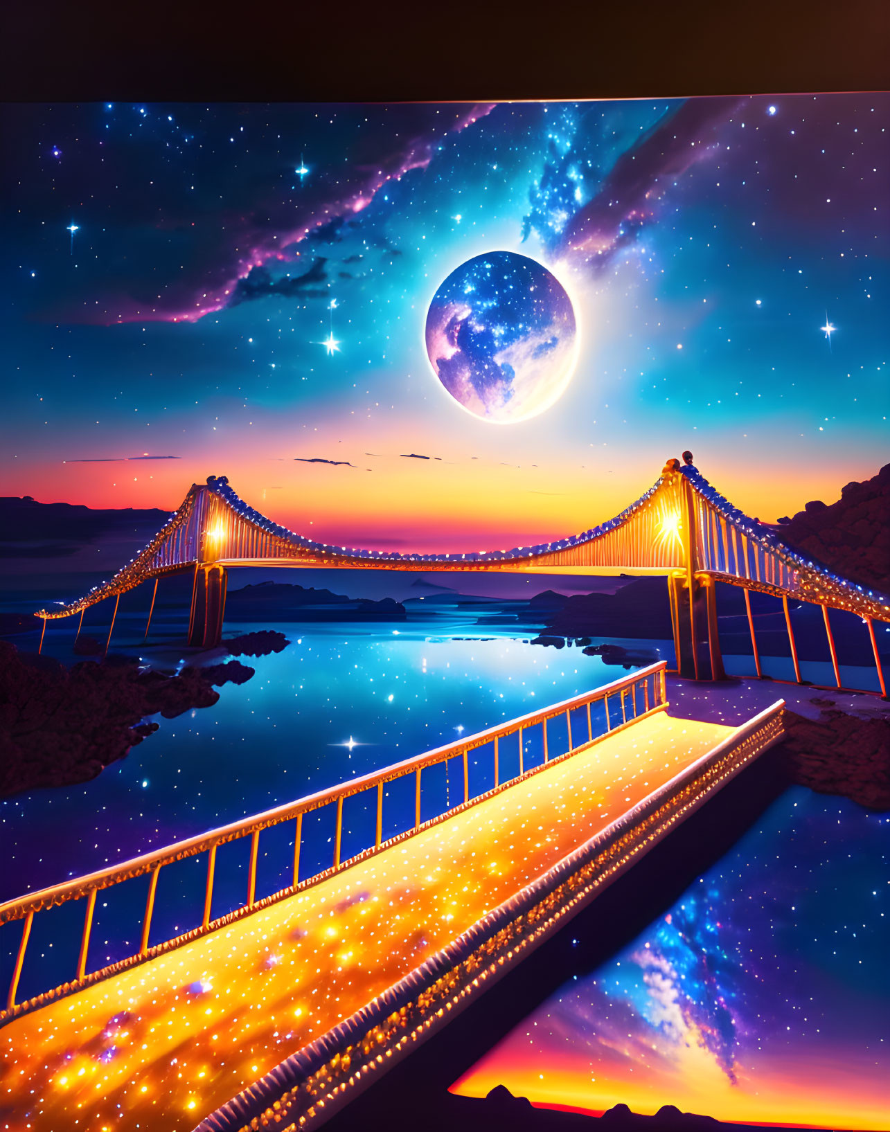 Fantasy landscape with golden bridge over serene lake at night