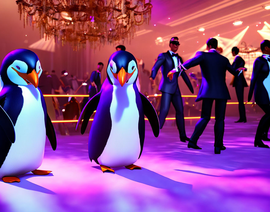 Dancing penguins and stylishly dressed humans in warm lighting