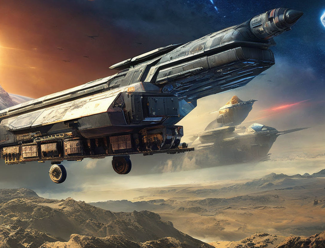 Futuristic spaceship flying over barren desert with dramatic sky.