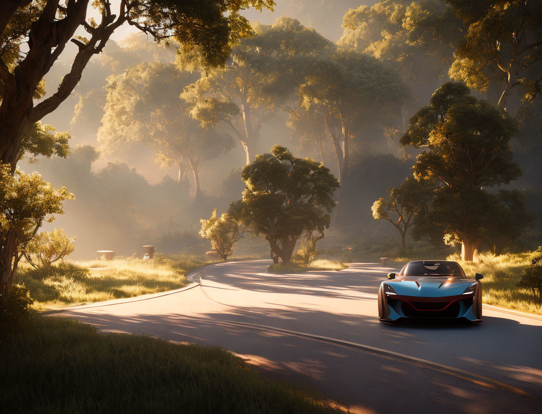 Sleek sports car on winding road through lush forest landscape