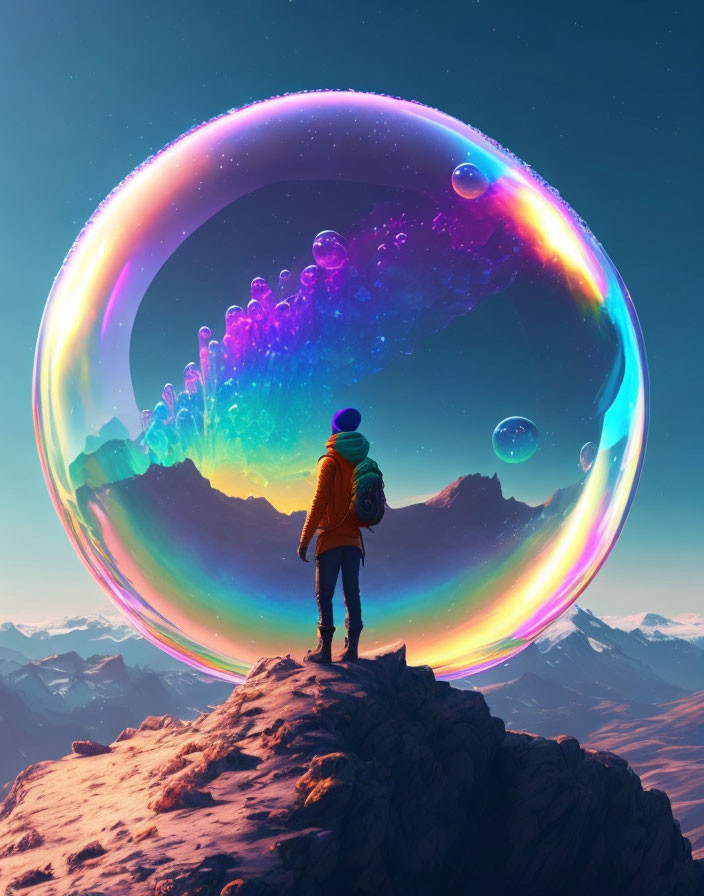 Person admires iridescent bubble on mountain peak