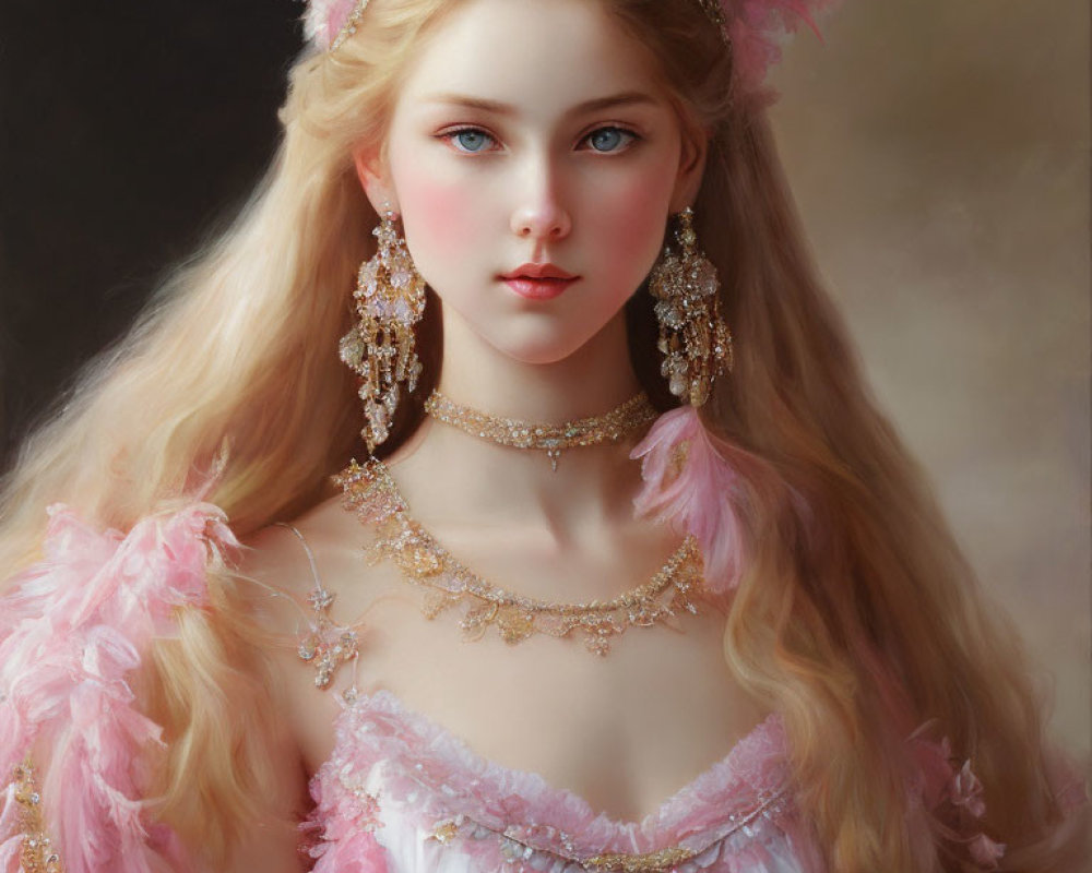 Digital Artwork: Young Woman with Blonde Hair in Pink Feathered Attire