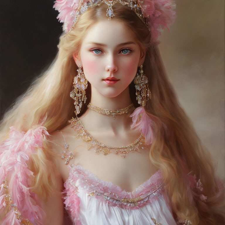 Digital Artwork: Young Woman with Blonde Hair in Pink Feathered Attire