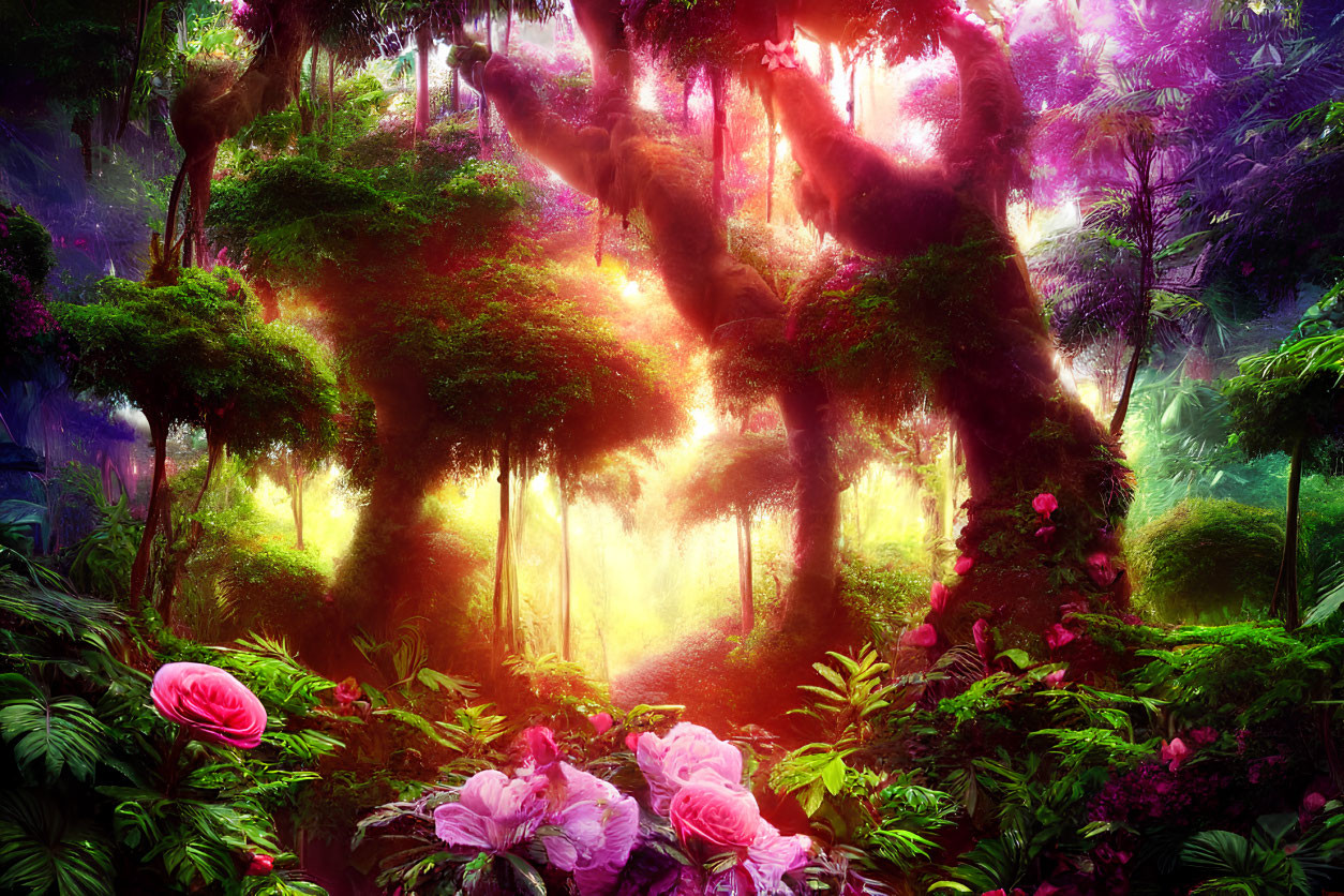 Lush Greenery and Sunlight in Mystical Forest