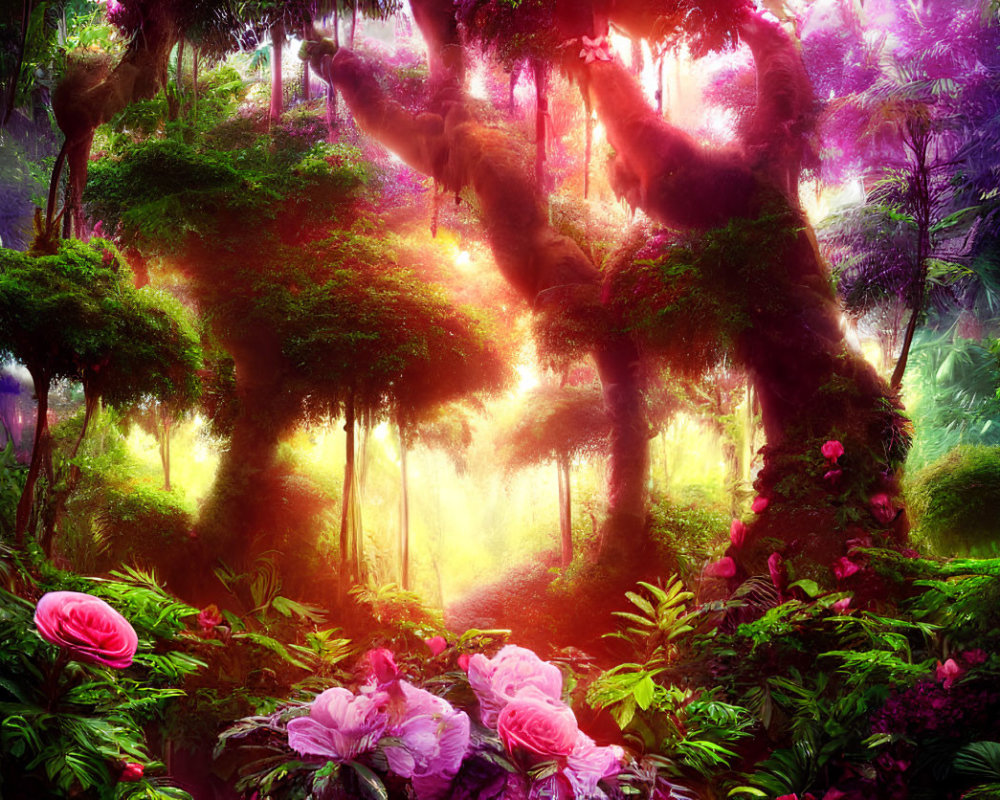 Lush Greenery and Sunlight in Mystical Forest