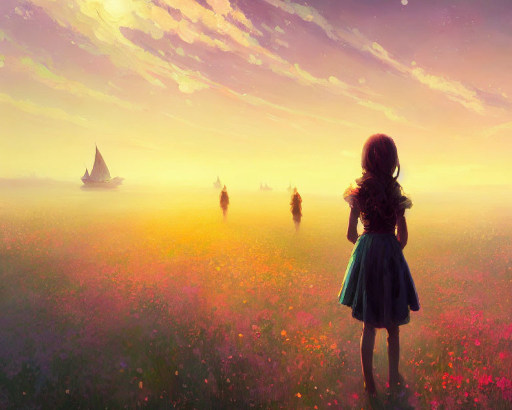 Child in vibrant flower field at sunset with floating ships in starry sky