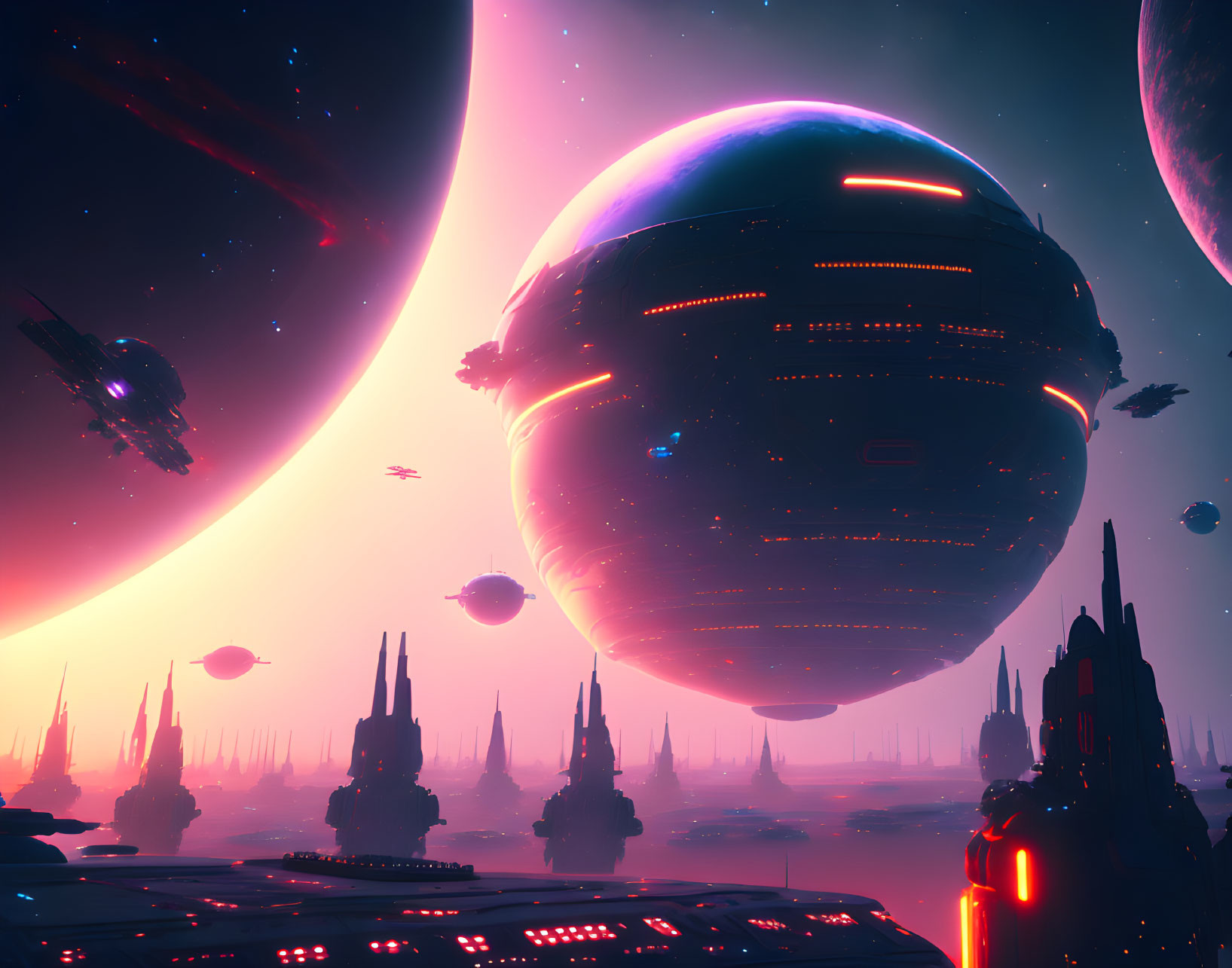 Futuristic cityscape with towering spires, giant planet, spaceships, and pink nebula