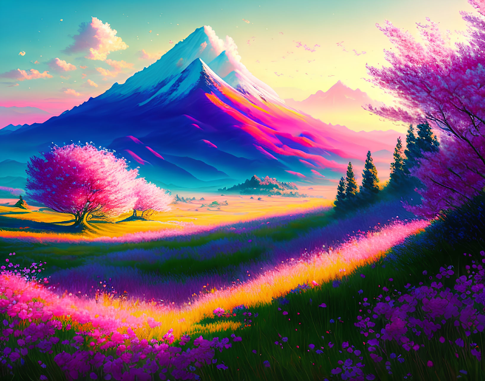 Colorful Landscape with Snow-Capped Mountain and Pink Flowers