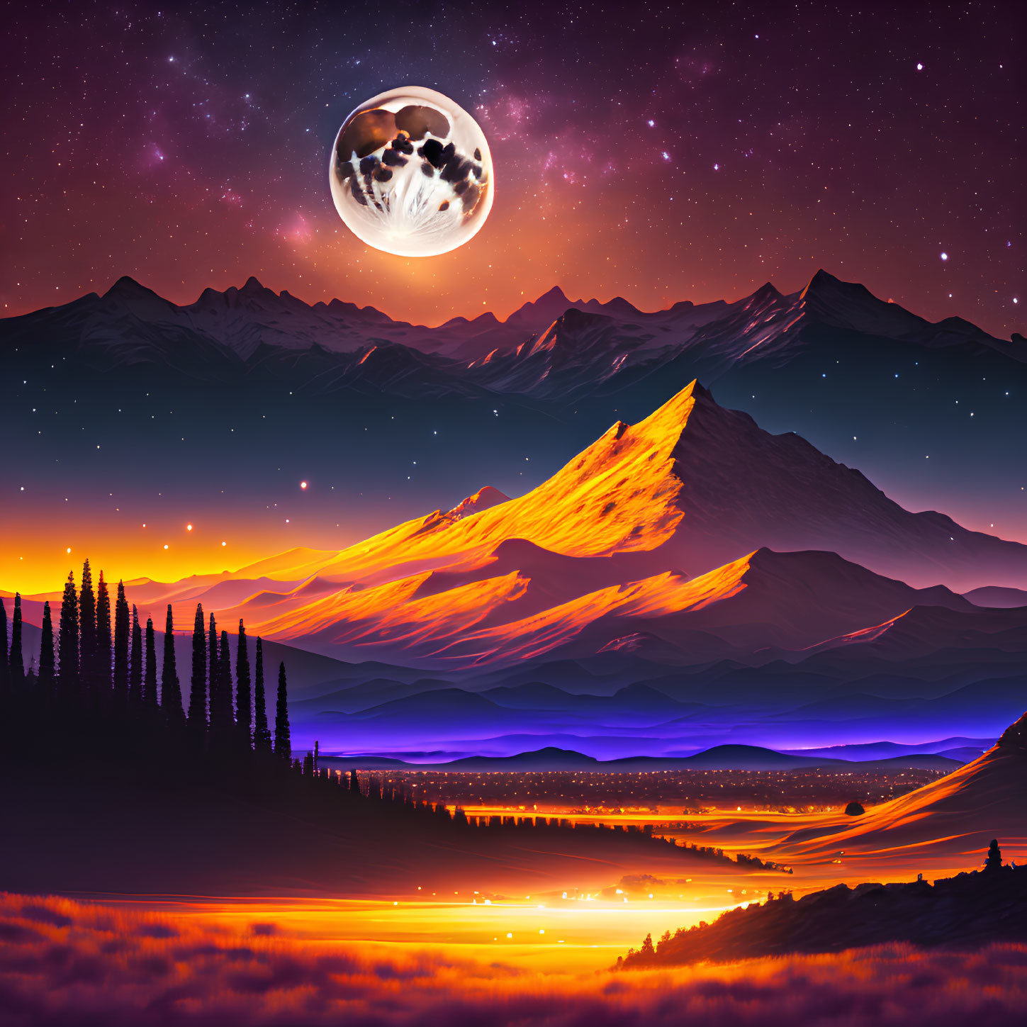 Scenic night landscape with moonlit mountains and starry sky