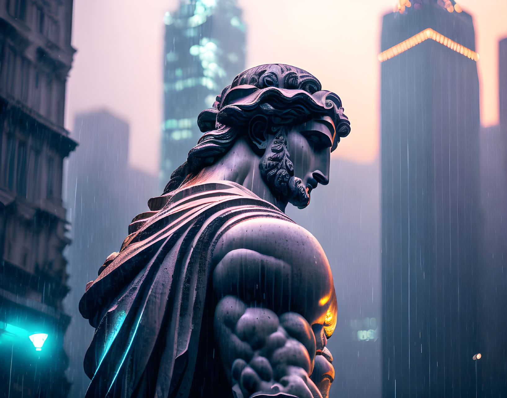 Classical sculpture in rain with modern buildings in background