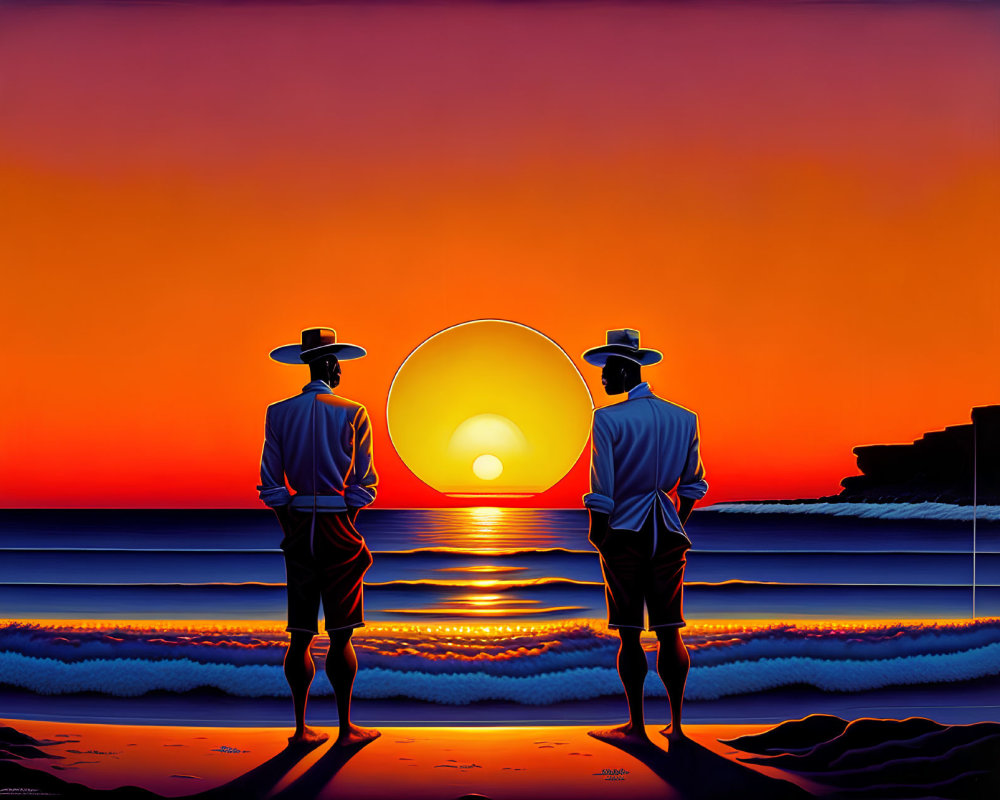 Vintage Attired Couple Admiring Sunset on Beach