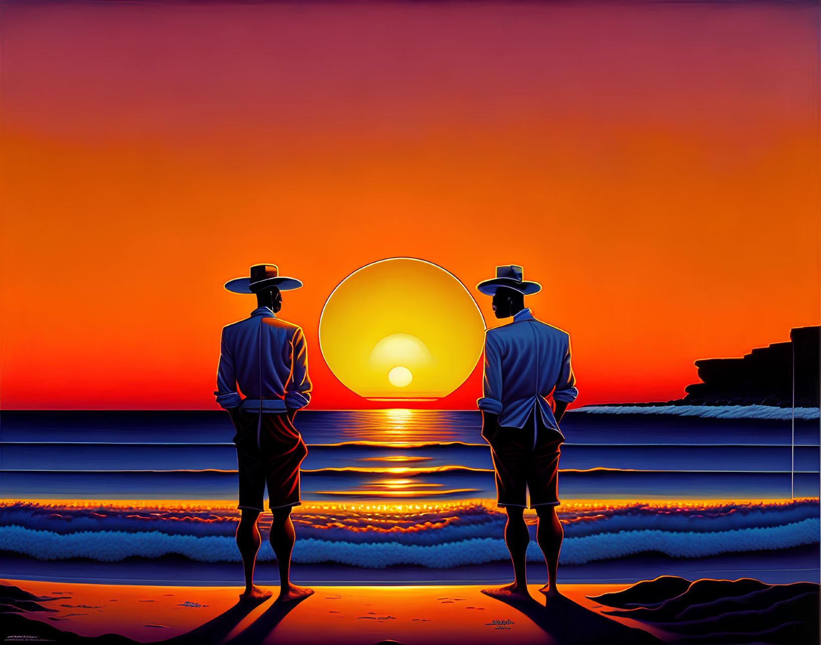 Vintage Attired Couple Admiring Sunset on Beach