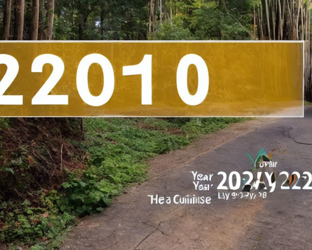 Scenic nature trail with green trees, banner displaying "22010," and text dates for 202