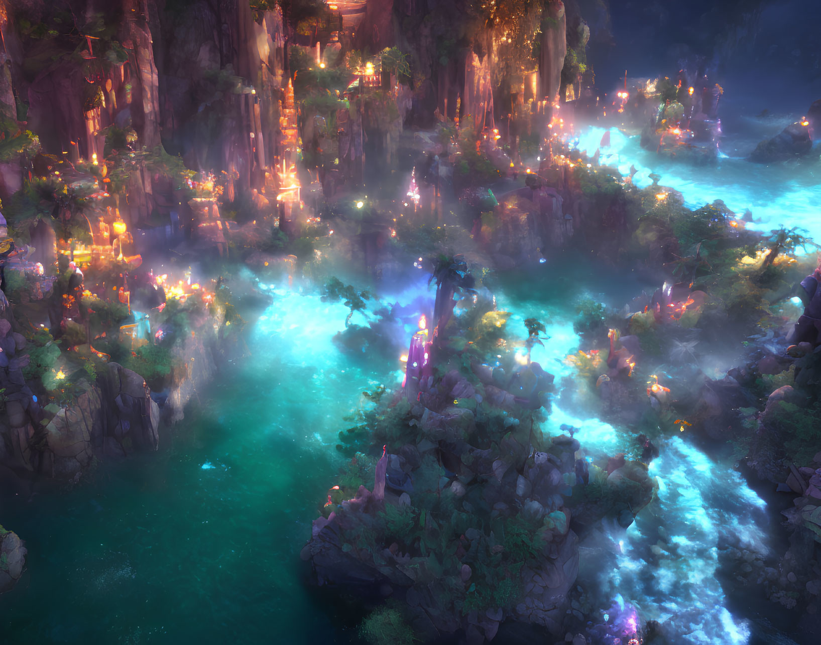 Mystical landscape with illuminated waterfalls and radiant trees