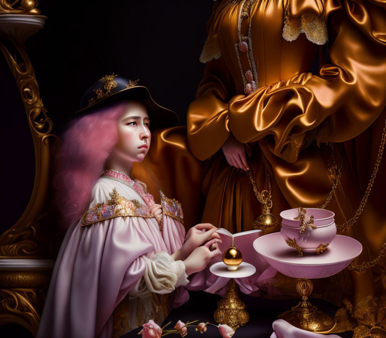 Person in Renaissance-inspired costume holding bell next to elegant teacups on dark background