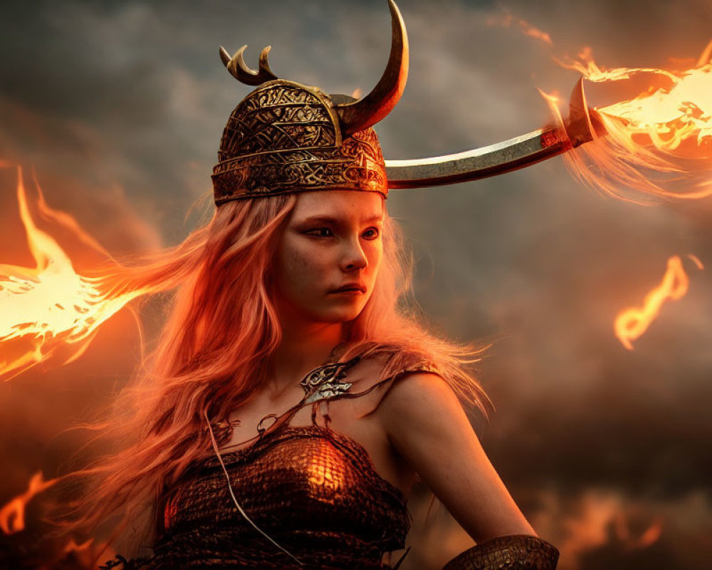 Warrior with horned helmet and weapon in fiery storm.