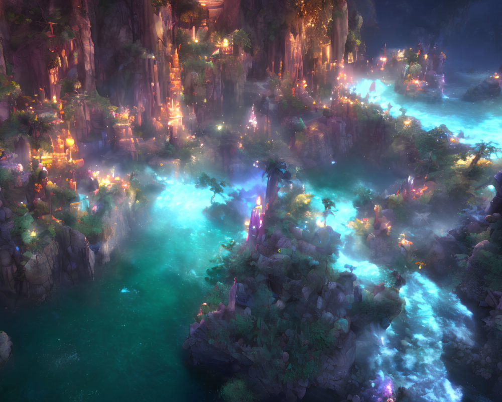 Mystical landscape with illuminated waterfalls and radiant trees