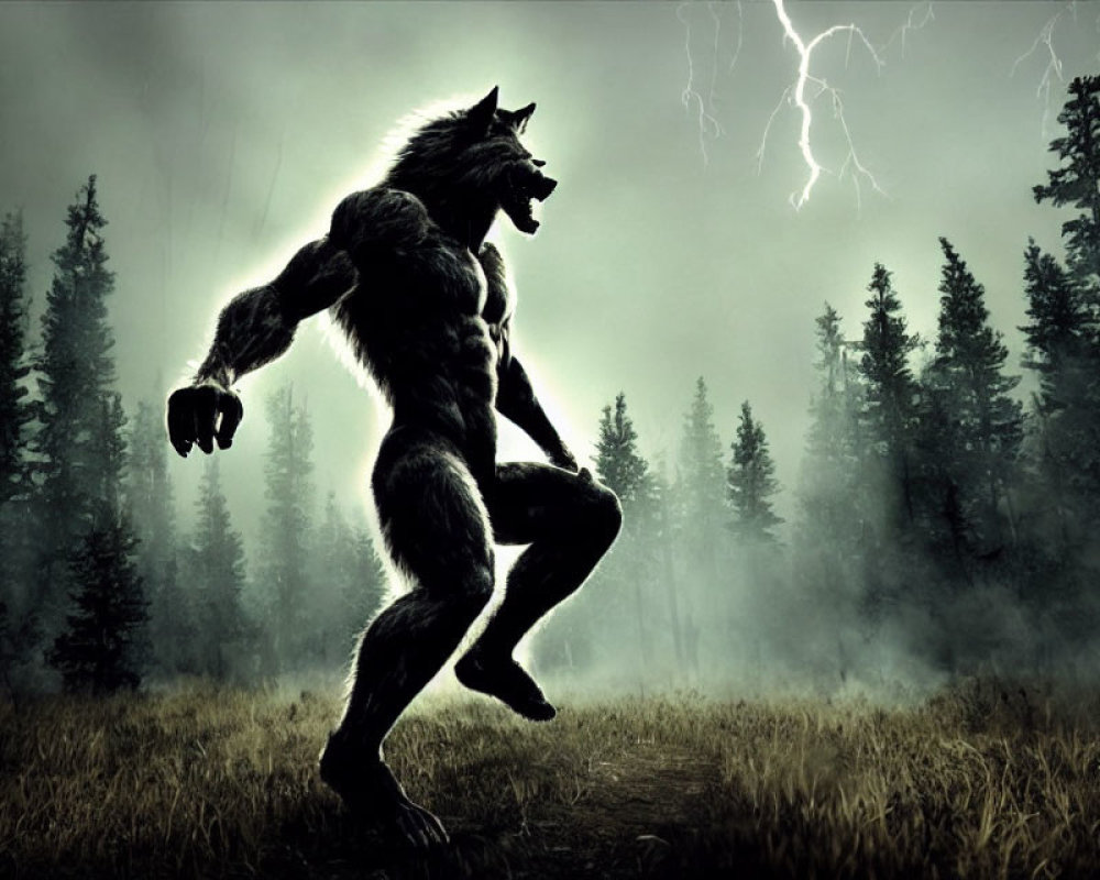 Werewolf in misty forest with lightning background