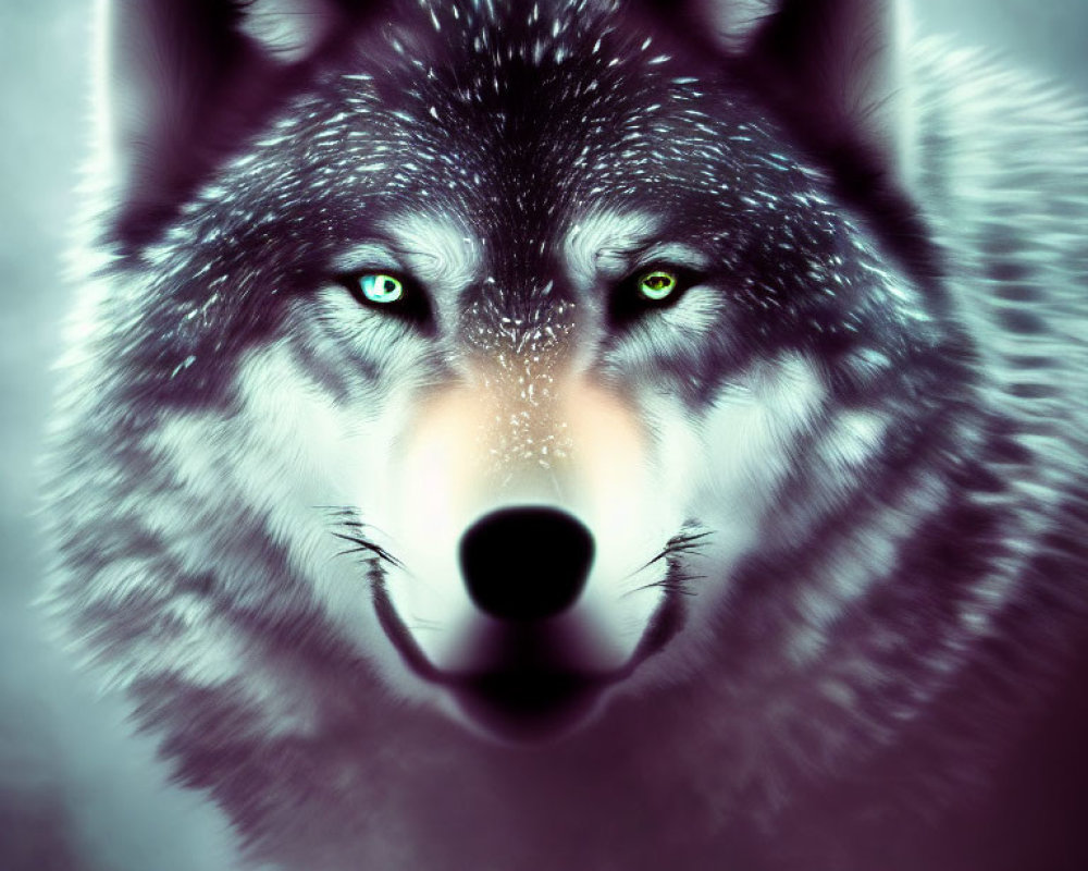 Detailed digital art of a wolf with piercing blue eyes in a mystical aura