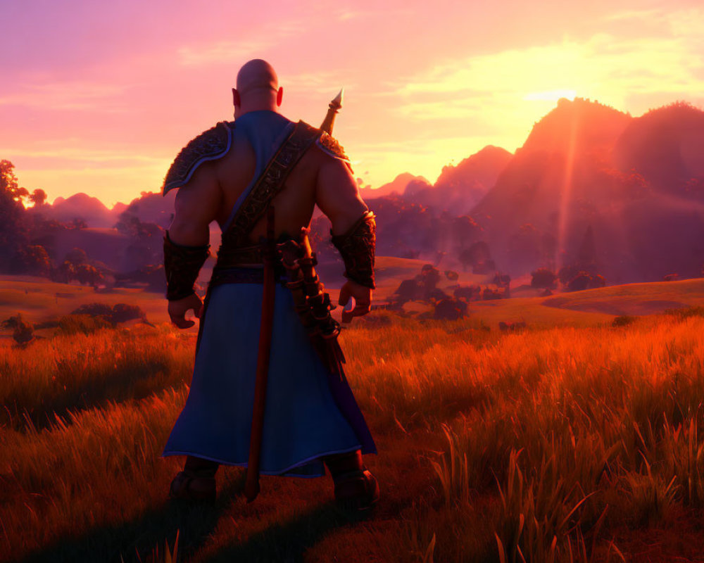 Bald warrior in blue cape gazes at sunset over mountain landscape