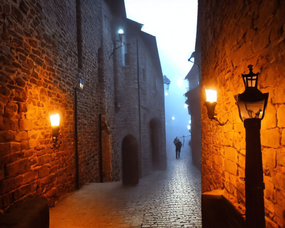 Twilight scene: person strolling cobblestone street with old buildings and street lamps