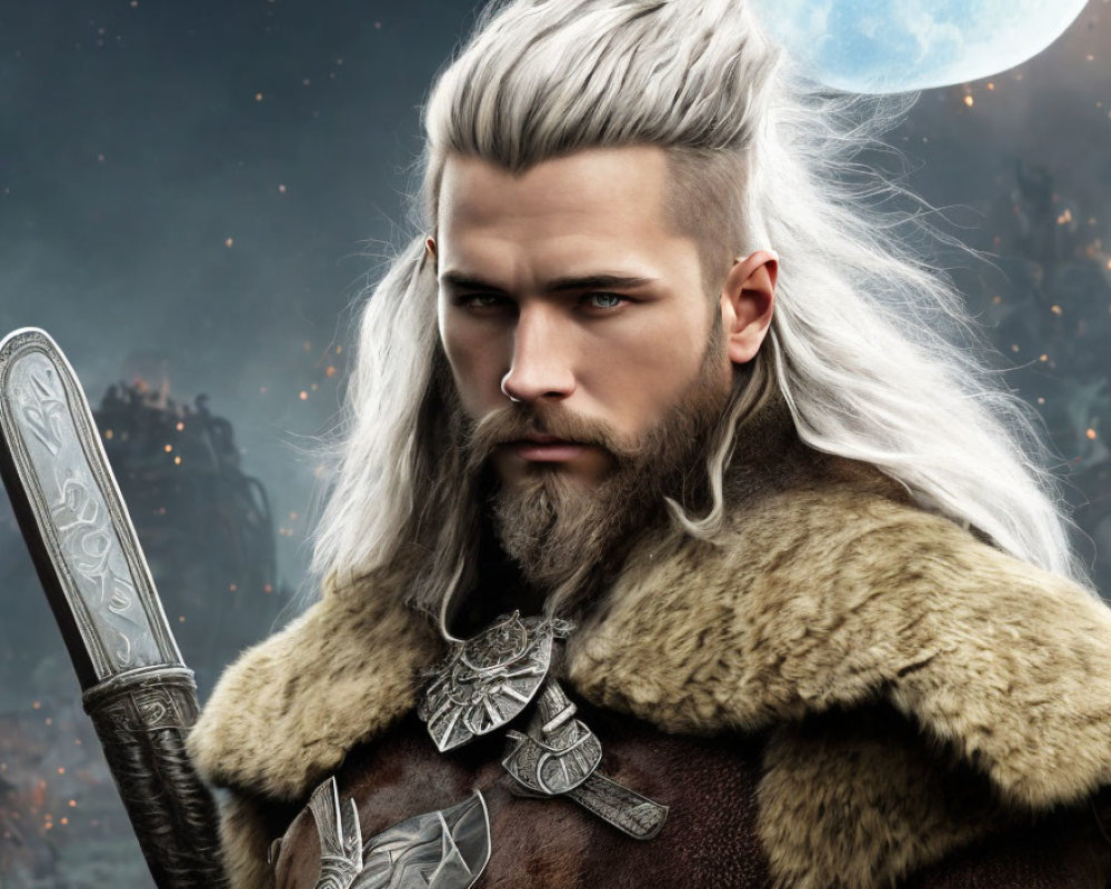 Fantasy warrior with white hair, beard, fur cloak, and sword on moonlit battlefield