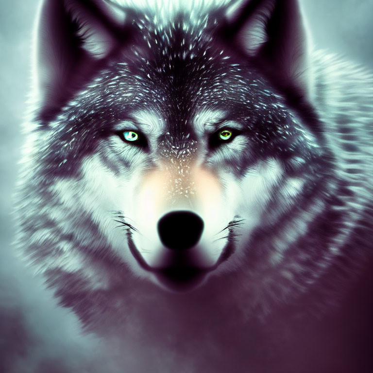 Detailed digital art of a wolf with piercing blue eyes in a mystical aura