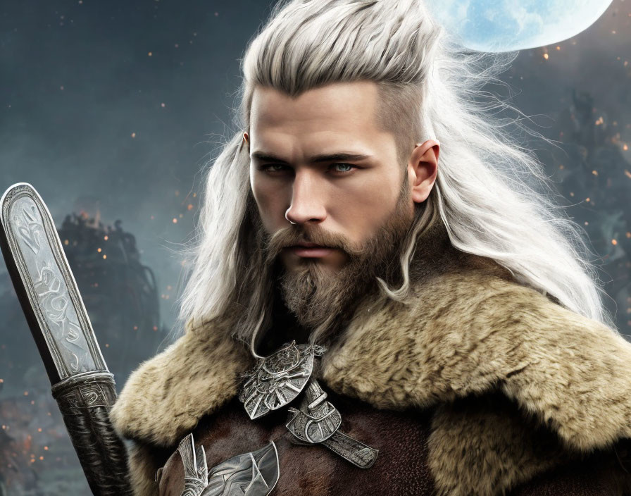 Fantasy warrior with white hair, beard, fur cloak, and sword on moonlit battlefield