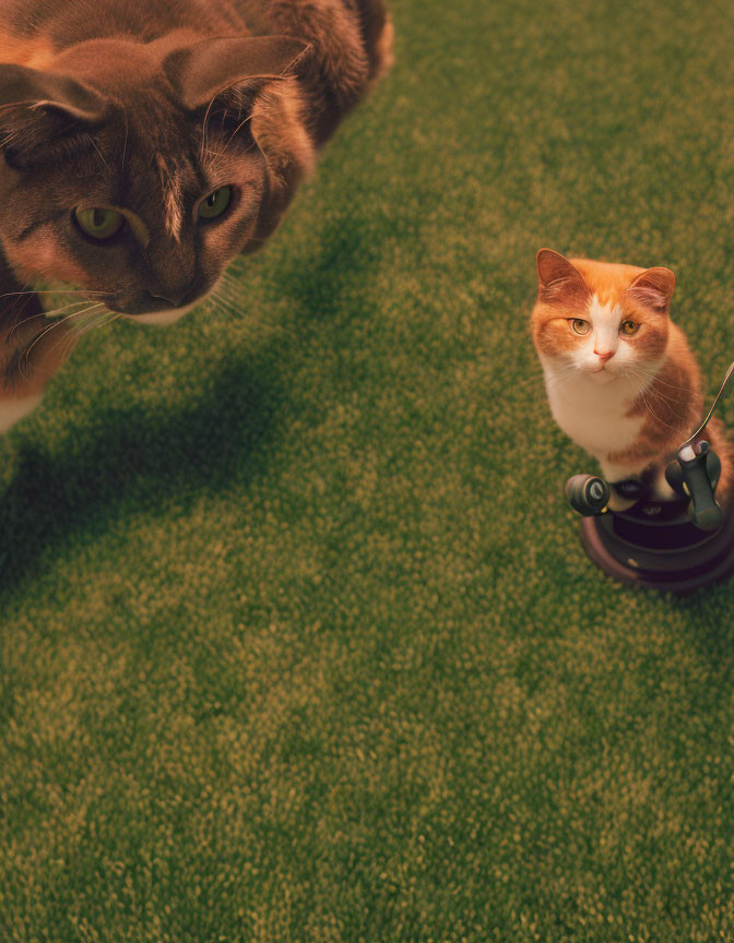 Two Cats with Toy Mouse on Green Grass: One Curious, One Intense