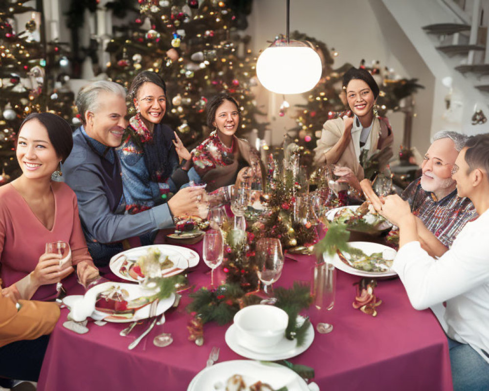 Group celebrating Christmas dinner at festive table with trees