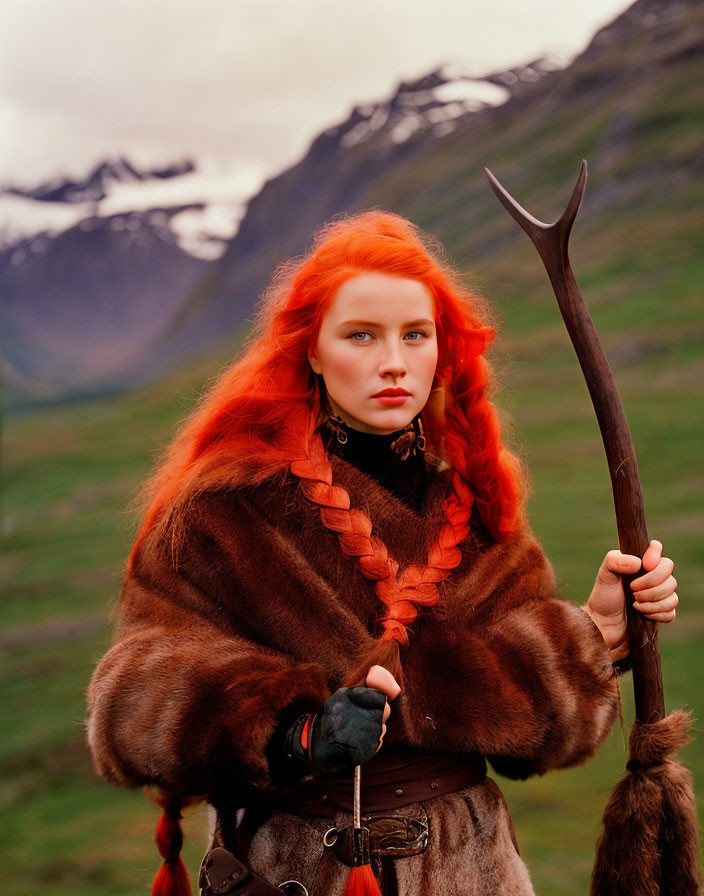 Red-haired person in fur clothing with braids holding staff in mountainous landscape