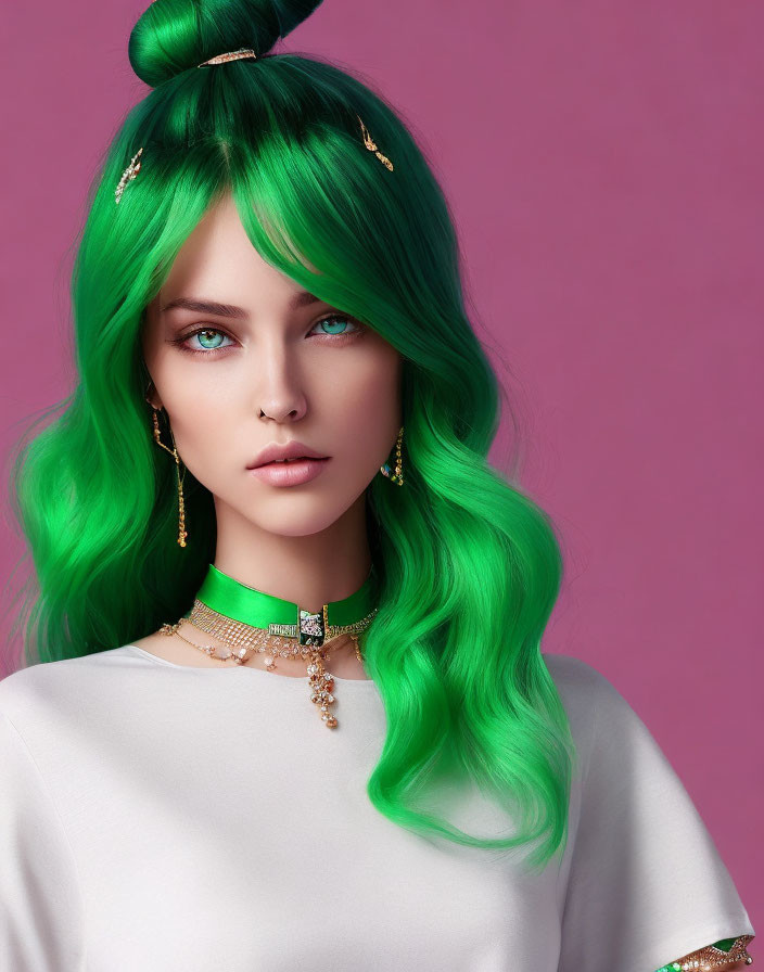 Vibrant Green Hair Updo with Gold Accessories, Blue Eyes, Nose Piercing, Green E