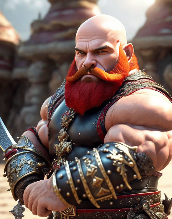 Muscular fantasy dwarf with red beard holding sword in ornate armor