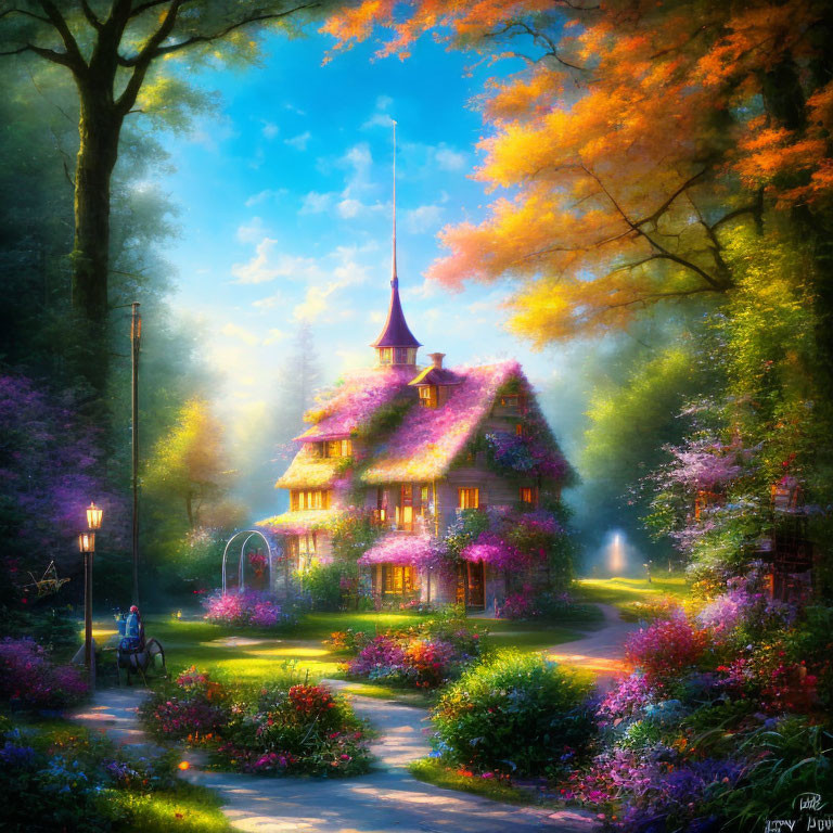 Charming cottage in blooming garden under soft sunlight