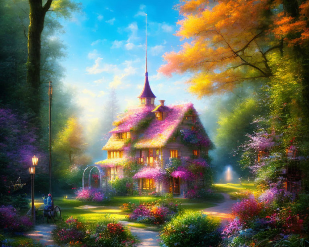 Charming cottage in blooming garden under soft sunlight