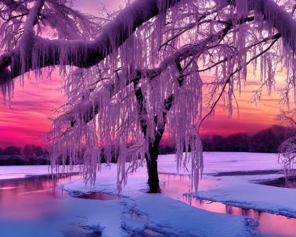 Winter Landscape: Frozen Tree by Icy Lake at Dusk