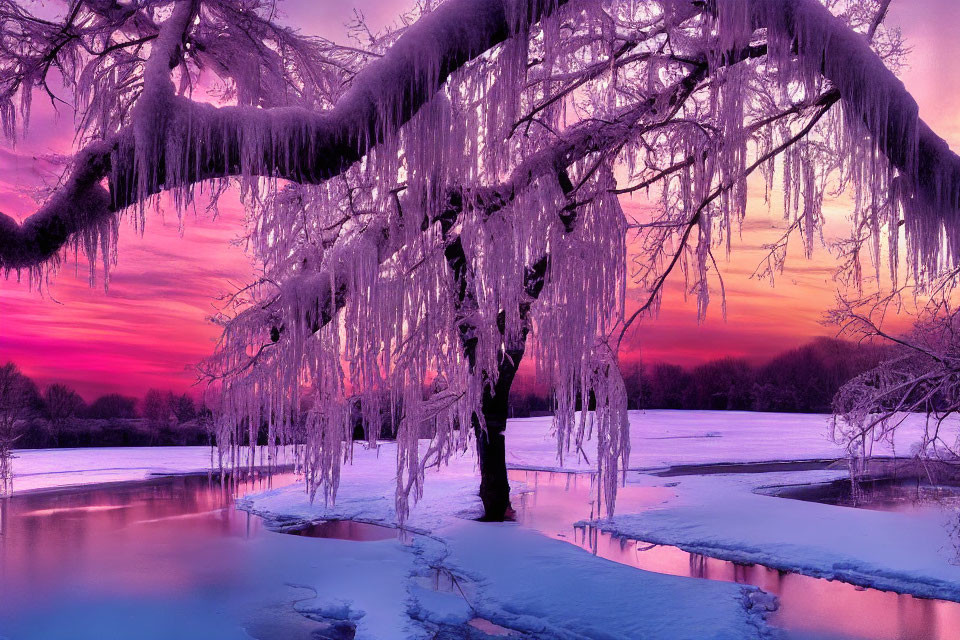 Winter Landscape: Frozen Tree by Icy Lake at Dusk