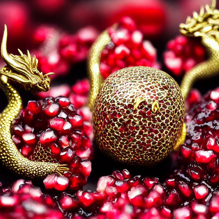 Golden Dragon Figurines Entwined Around Textured Sphere with Red Pomegranate Seeds