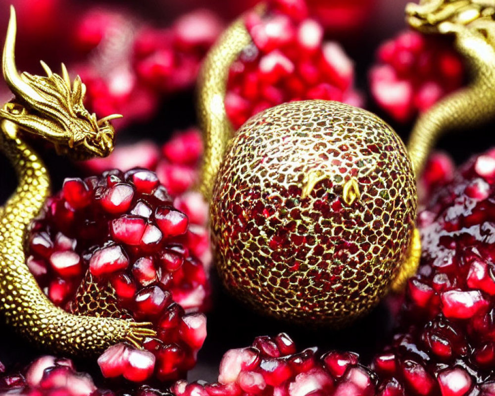 Golden Dragon Figurines Entwined Around Textured Sphere with Red Pomegranate Seeds