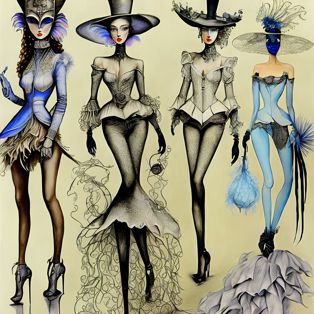 Four Stylized Women in Avant-Garde Fashion with Elaborate Hats and Corseted