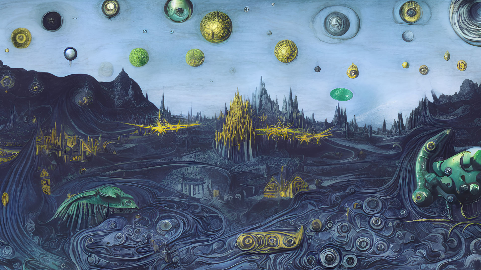 Surreal landscape with cosmic elements and whimsical architecture in Van Gogh's "Starry Night