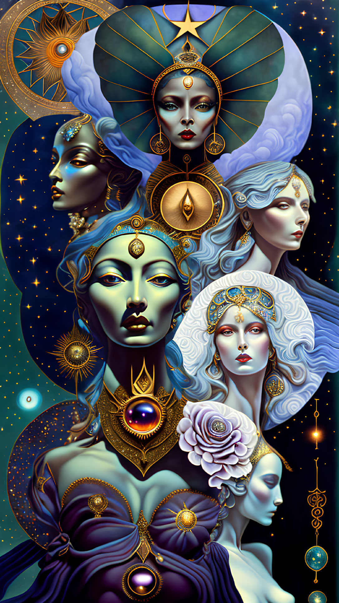 Vertical mystical cosmic female figures adorned with intricate jewelry against starry backdrop