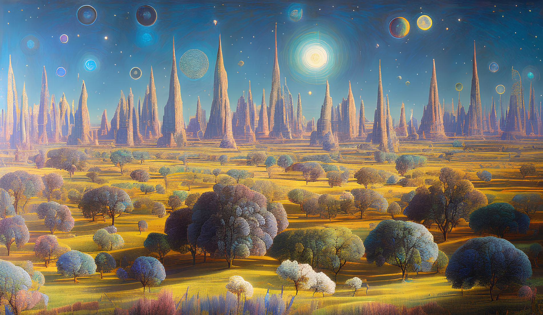 Fantastical landscape with towering spires and celestial skies